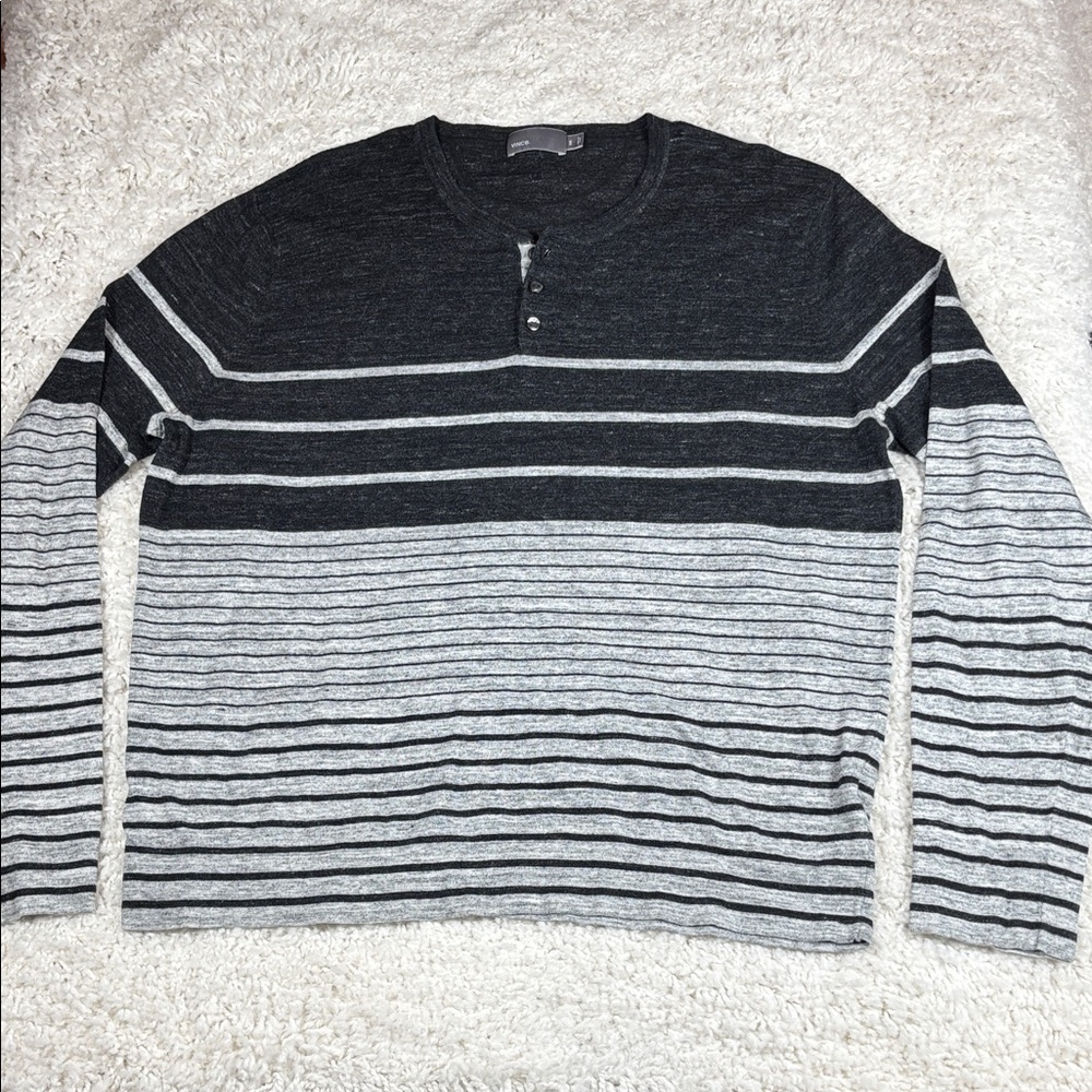 Vince Men's Striped Henley Sweater, Cashmere Blend, Black/Gray Striped, Size XXL